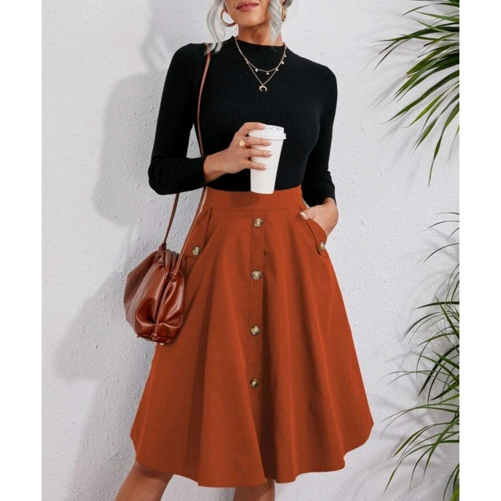 Solid With Pockets Single Breasted Flare Skirt - image 3